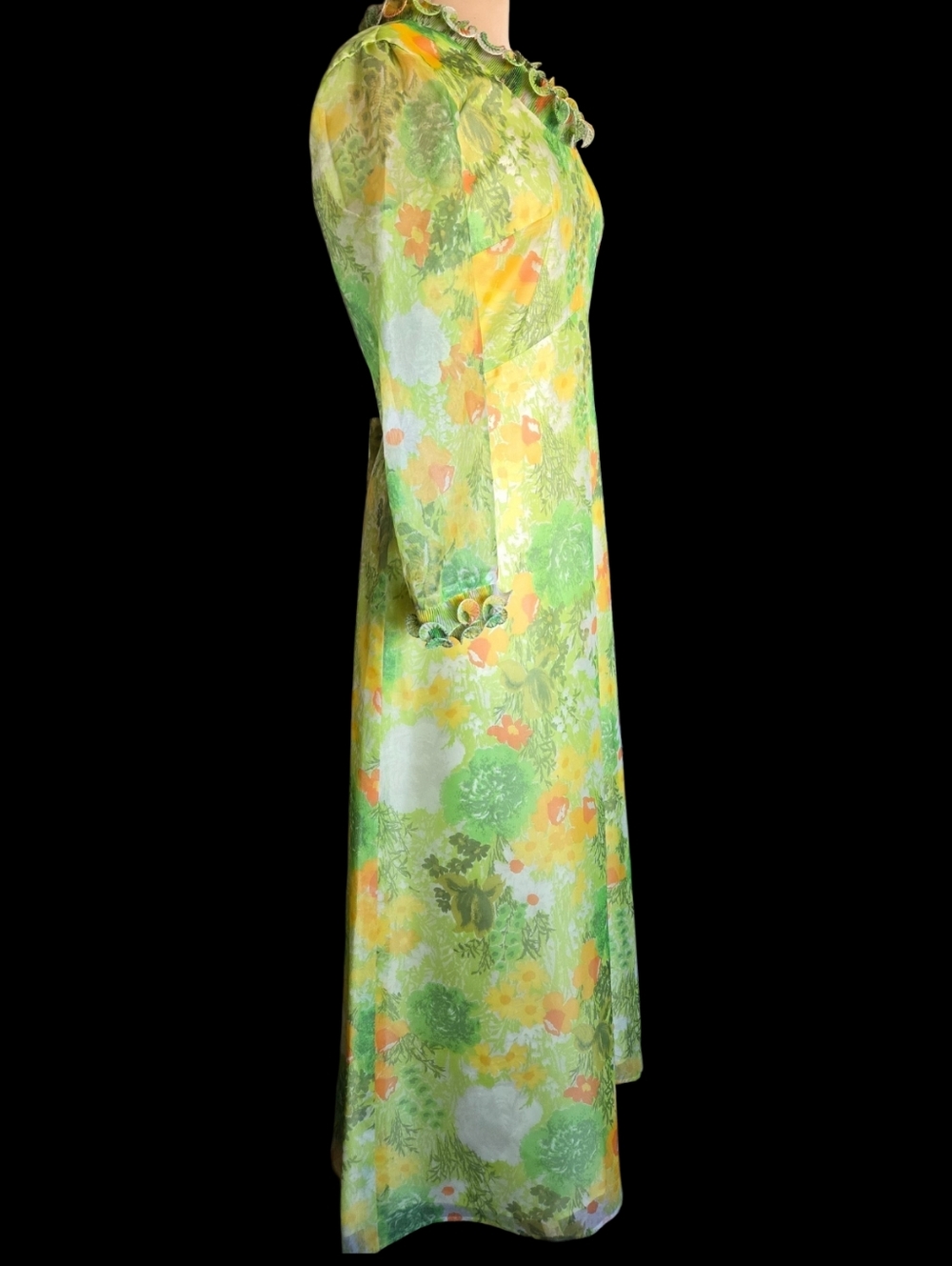 VTG 60s Mod Hippie Dress Long Chiffon Green Daisy Floral Formal Hostess Gown - Picture 3 of 11